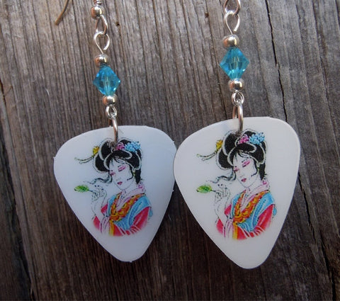 Geisha in Pink and Blue Kimono Guitar Pick Earrings with Aqua Swarovski Crystals