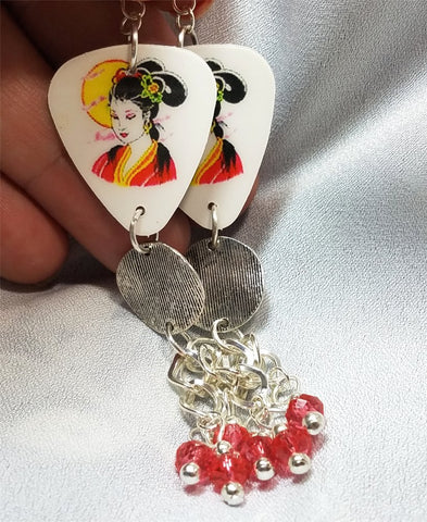 Geisha Guitar Pick Earrings with Coin Charm and Pink Crystal Rondelle Dangles