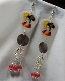 Geisha Guitar Pick Earrings with Coin Charm and Pink Crystal Rondelle Dangles