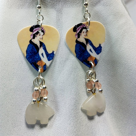 Geisha Guitar Pick Earrings with Glass Beads and Bear Dangles
