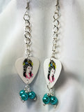Long Dangling Geisha Woman Guitar Pick Earrings with Teal Glass Pearls