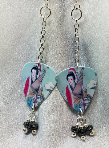 Geisha Woman Playing the Shamisen Dangling Guitar Pick Earrings with Pewter Glass Beads
