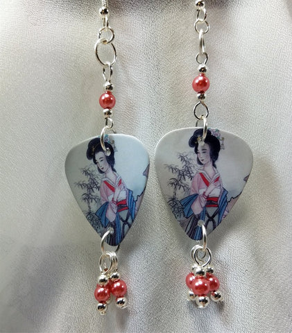 Geisha Guitar Pick Earrings with Pink Glass Pearl Dangles