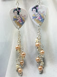 Geisha Playing the Flute Guitar Pick Earrings with Glass Pearl Dangles