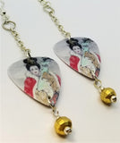 Geisha Woman Playing the Shamisen Dangling Guitar Pick Earrings with Gold Glass Beads