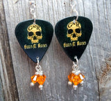 Guns n Roses Orange Skull Guitar Pick Earrings with Orange Swarovski Crystal Dangles