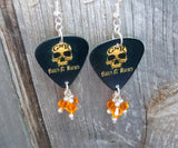 Guns n Roses Orange Skull Guitar Pick Earrings with Orange Swarovski Crystal Dangles