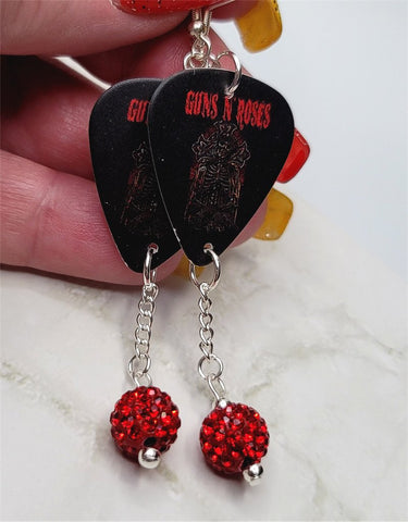 Guns n Roses Guitar Pick Earrings with Red Pave Bead Dangles