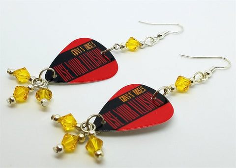 Guns n Roses Use Your Illusion Guitar Pick Earrings with Yellow Swarovski Crystals