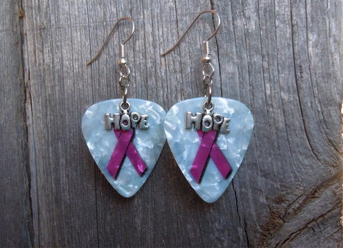 Pink Ribbon Guitar Pick Earrings with Hope Charm Overlay