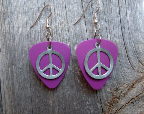 CLEARANCE Silver Peace Sign Charm Guitar Pick Earrings - Pick Your Color