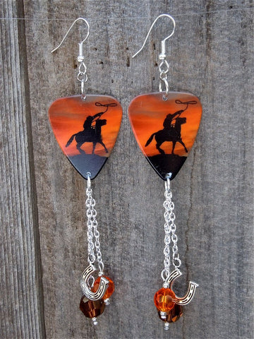 CLEARANCE Cowboy on a Horse Guitar Pick Earrings with Crystal and Horseshoe Dangles