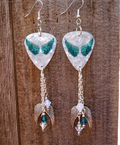 Teal Wings Guitar Pick Earrings with Silver Charm and Swarovski Crystal Dangles