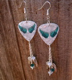 Teal Wings Guitar Pick Earrings with Silver Charm and Swarovski Crystal Dangles