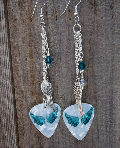 Teal Wings Dangling Guitar Pick Earrings with Silver Charm and Swarovski Crystal Dangles