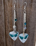 Teal Wings Dangling Guitar Pick Earrings with Silver Charm and Swarovski Crystal Dangles