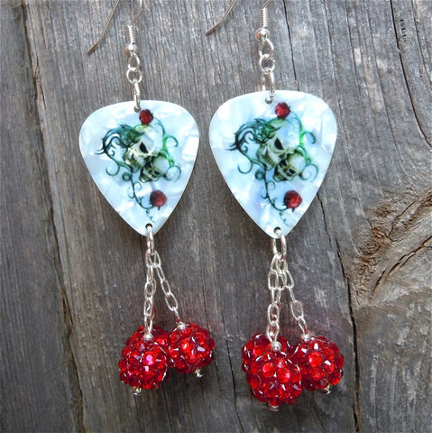 Skulls and Roses Guitar Picks with Red Studded Bead Dangles