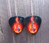 Dangling Electric Guitar on Fire Guitar Pick Earrings