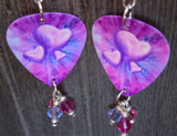 Pink and Purple Hearts Guitar Pick Earrings with Swarovski Crystal Dangles