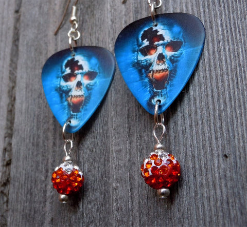 Skull on Fire Guitar Pick Earrings with Ombre Pave Beads