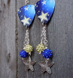 Yellow and Blue Star Guitar Pick Earrings with Pave Dangles