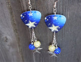 Yellow and Blue Star Guitar Pick Earrings with Pave Dangles