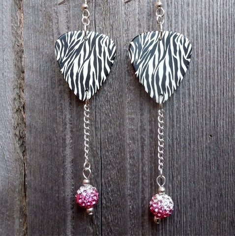 Zebra Patterned Guitar Pick Earrings with Pink Ombre Pave Bead Dangles