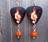 Clef Made of Flames Guitar Pick Earrings with Orange Pave Dangle