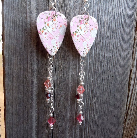 Pink Cherry Blossom Guitar Pick Earrings with Swarovski Crystal Dangles