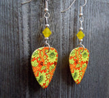 Yellow Flowers on an Orange Background Guitar Pick Earrings with Yellow Opal Swarovski Crystals