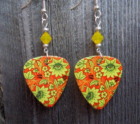 Yellow Flowers on an Orange Background Guitar Pick Earrings with Yellow Opal Swarovski Crystals
