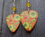 Yellow Flowers on an Orange Background Guitar Pick Earrings with Yellow Opal Swarovski Crystals