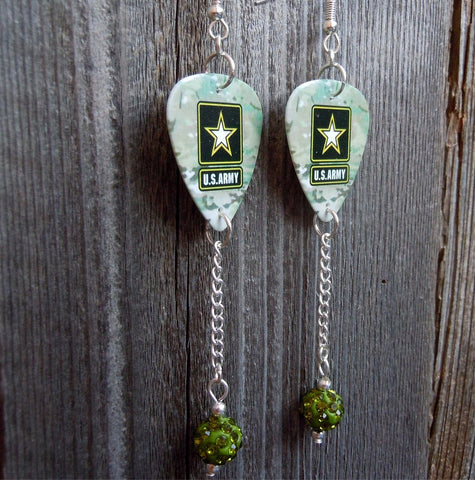Army Emblem Camouflage Guitar Pick Earrings with Green Pave Bead Dangles