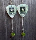 Army Emblem Camouflage Guitar Pick Earrings with Green Pave Bead Dangles