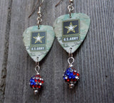 U.S. Army Ensignia Camo Guitar Pick Earrings with American Flag Pave Bead Dangles