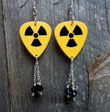 Yellow and Black Nuclear Symbol Guitar Pick Earrings with Black Swarovski Crystal Dangles