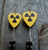 Yellow and Black Nuclear Symbol Guitar Pick Earrings with Black Swarovski Crystal Dangles