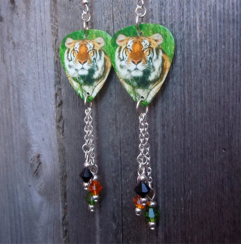 Tiger in the Grass Guitar Pick Earrings with Swarovski Crystal Dangles