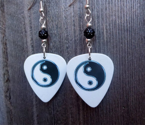 Yin Yang on White Guitar Pick Earrings with Black Pave Beads