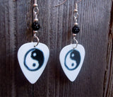 Yin Yang on White Guitar Pick Earrings with Black Pave Beads