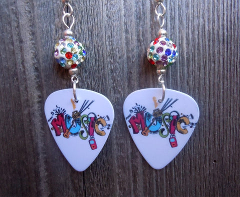 Music Guitar Pick Earrings with Multicolored Pave Beads