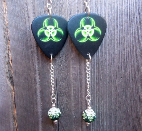 Toxic Guitar Pick Earrings with Green Ombre Pave Bead Dangles