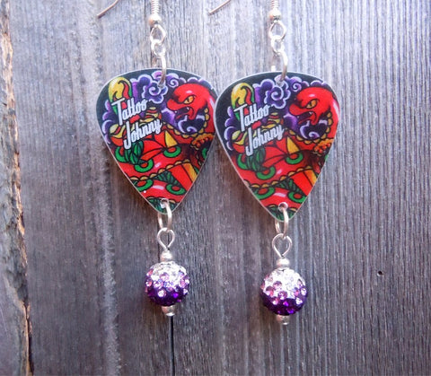 Tattoo Johnny Old School Tattoo Style Snake Guitar Pick Earrings with Purple Ombre Pave Beads