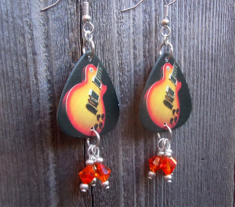 Electric Guitar Guitar Pick Earrings with Orange Swarovski Crystal Dangles