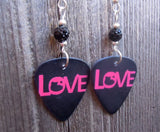 Love Written in Red Guitar Pick Earrings with a Small Black Pave Bead