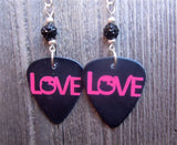 Love Written in Red Guitar Pick Earrings with a Small Black Pave Bead