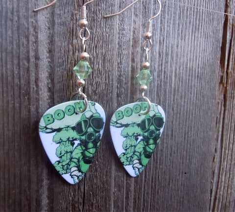Gas Mask and Explosion Guitar Pick Earrings with Light Green Swarovski Crystals