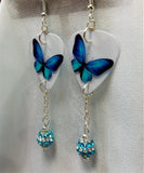 CLEARANCE Aqua Blue Butterfly Guitar Pick Earrings with Aqua Striped Pave Bead Dangles