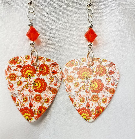 CLEARANCE Orange and Yellow Flowered Guitar Pick Earrings with Orange Swarovski Crystals