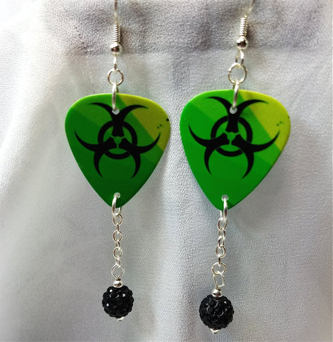 CLEARANCE Green with Black Toxic Symbol Guitar Pick Earrings with Black Pave Beads